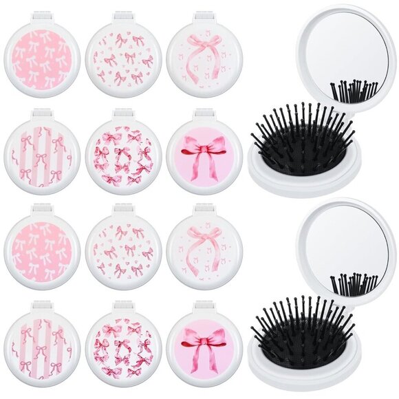 Pink Bow Mini Hair Brush Set Folding Mirror Detangler Travel Purse main image 5